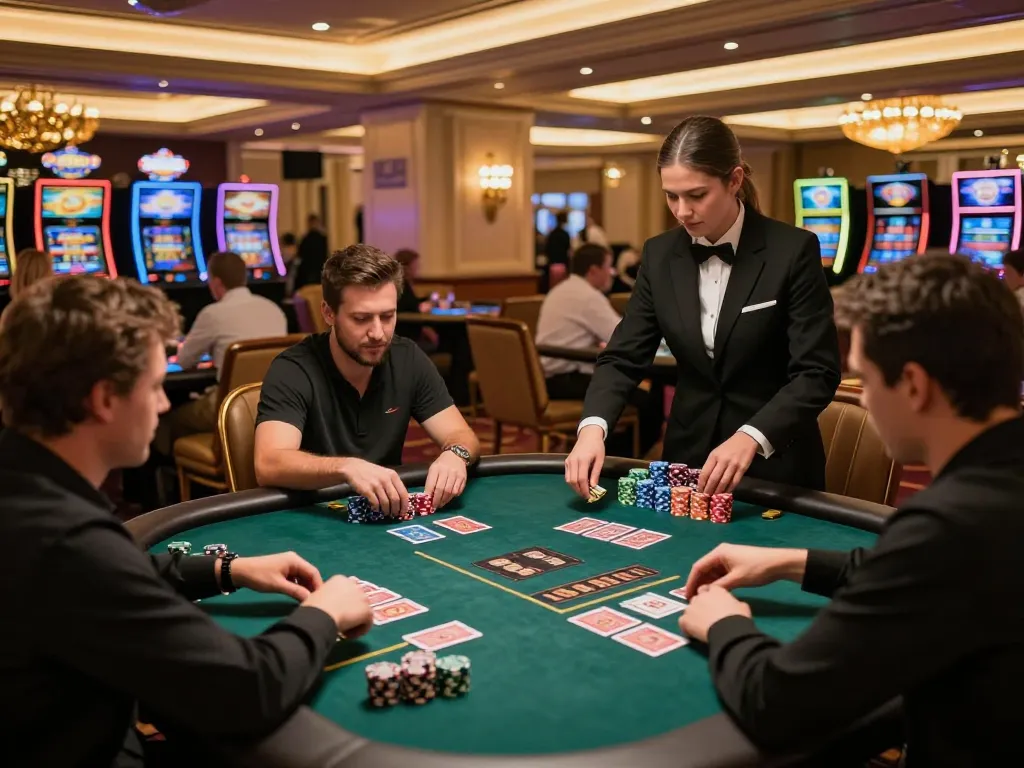 Pemain menikmati blackjack master88 di suasana kasino mewah dengan dealer yang terlibat dan dekorasi yang mencolok.