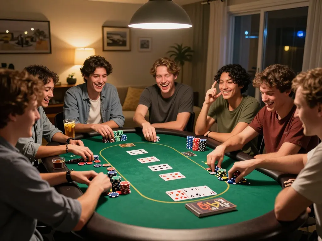 Engaged players enjoying poker at a home game night, showcasing iwin strategies with colorful chips and cards