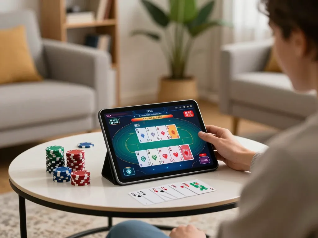 Adegan perjudian online Meledak88 dengan pemain yang terlibat dalam poker di tablet, menunjukkan strategi dan fokus