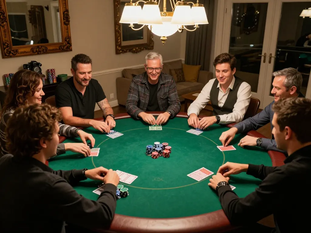 Engaging home poker night scene showcasing friends enjoying games at a cozy table with ushimitsusoft vibes, highlighting strategy and camaraderie.