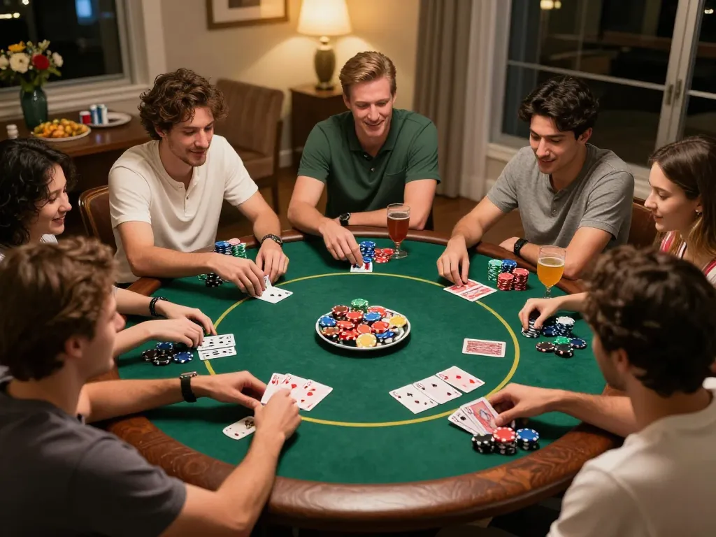 CM88 players enjoying a thrilling home poker game with colorful chips and cards visible.