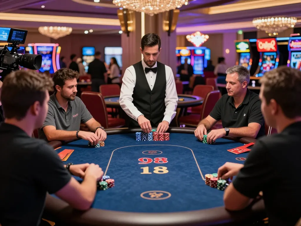Engaged players at a vibrant poker table during a thrilling game at 98 win casino.