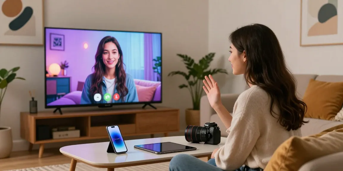 Young woman chatting with her AI girlfriend on a large screen in a cozy living room.