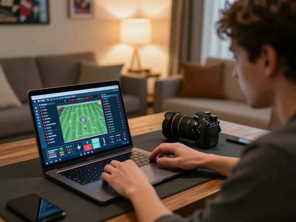 Engaged user exploring sports betting strategies on 68win laptop in cozy setting