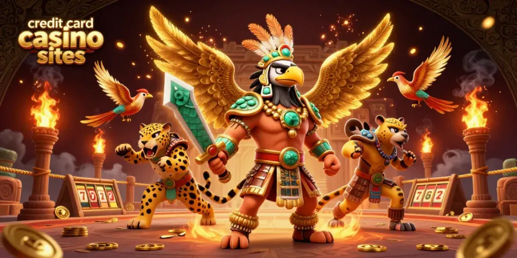Experience high-stakes excitement at credit card casino sites with dynamic characters and rich golden elements.