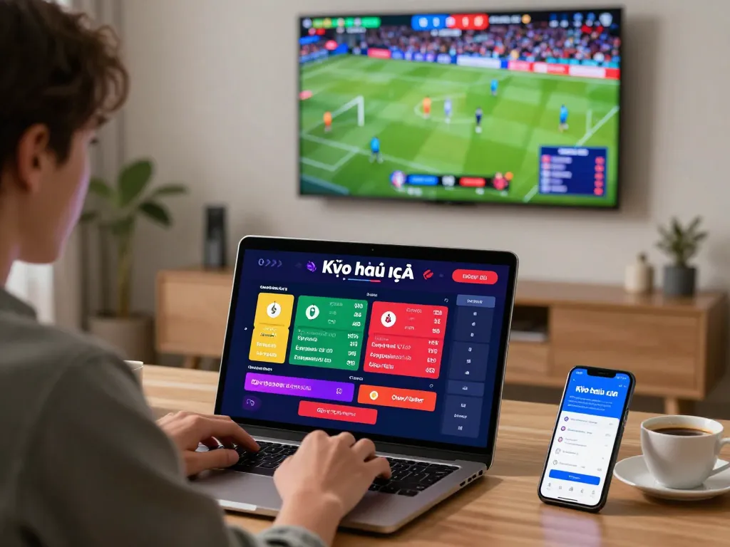 Engaged user tracking kèo nhà cái odds on a sleek laptop during live sports events.