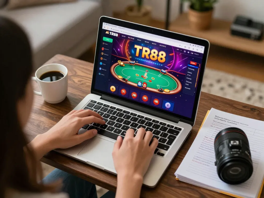 Engaged player enjoying an intense TR88 online casino game on laptop with vibrant screen