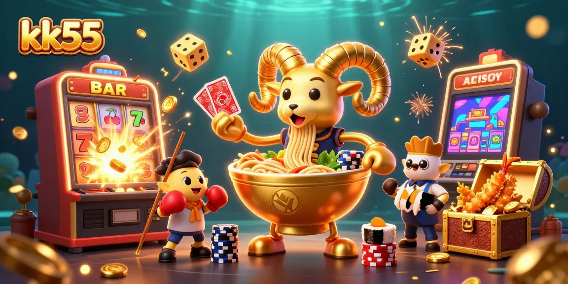 kk55 brings excitement as a giant ramen bowl dealer stacks chips with fun casino elements around.