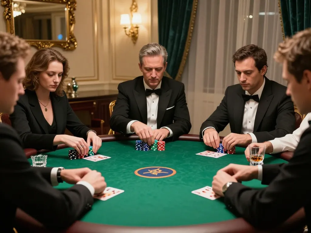 uu88 poker players strategizing in a luxurious setting, vibrant chips and cards highlighted.