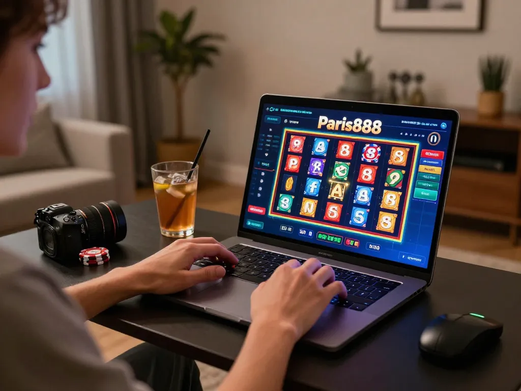 Playing paris888 online with vibrant slot game visuals in a cozy home setup