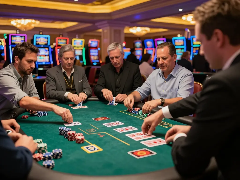 Players engage in an exciting mb66 blackjack game at a vibrant Vegas casino table.