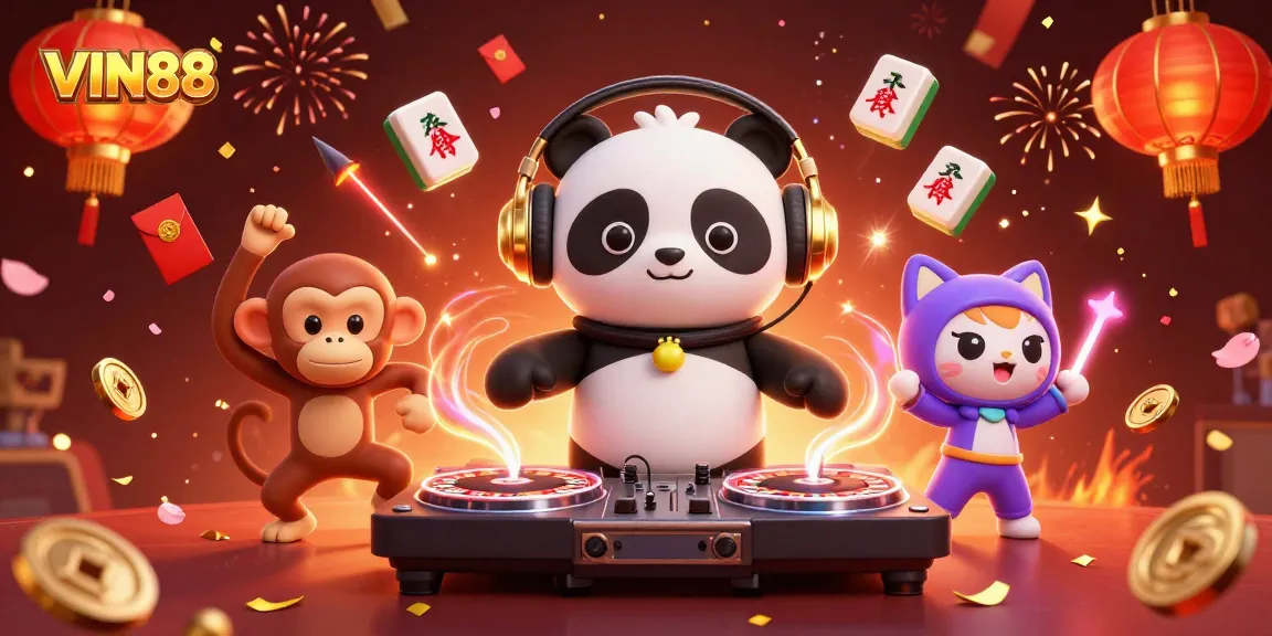 Spin to win with VIN88 in a vibrant 3D casino illustration featuring playful characters.