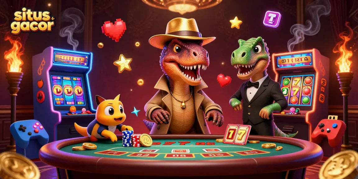 Experience the excitement of situs gacor with a cartoon velociraptor and casino elements in a vibrant scene.