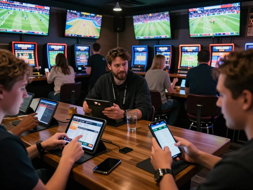 Patrons engaging in sports betting at a bar while using nddo for live event updates