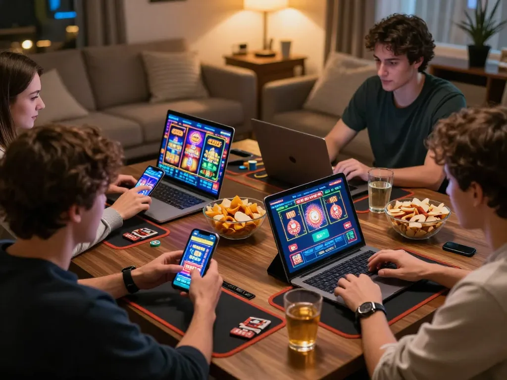 Win678 players enjoying various online games in a cozy setting, emphasizing social gaming experiences.