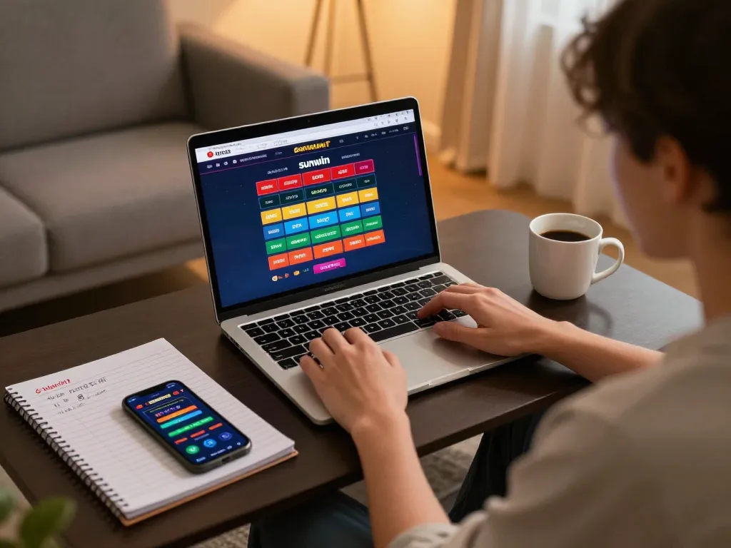 Engaging with the sunwin online casino interface during a cozy home gaming session.