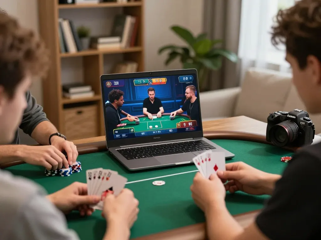 Players engaging in poker on VK88 online, capturing dynamic gameplay action with focused expressions.