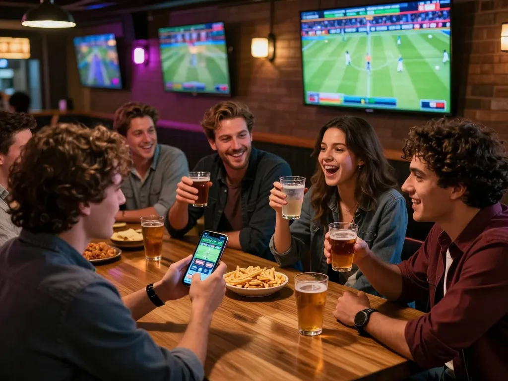 Betting on sbobet at a social sports bar with friends enjoying live matches and engaging in mobile betting.