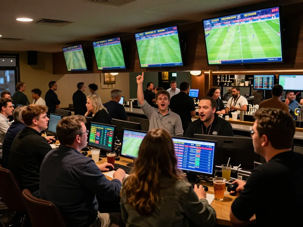 Patrons engaged in kqbd live betting atmosphere, multiple screens showing ongoing matches, dynamic interaction