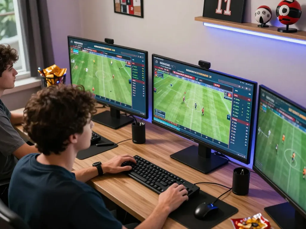 Engaged player analyzing betting odds on screens for 8xbet online sports betting setup.