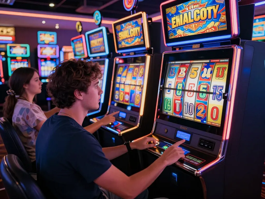 Players enjoying slot bonus features on colorful machines, celebrating wins in a lively casino atmosphere.