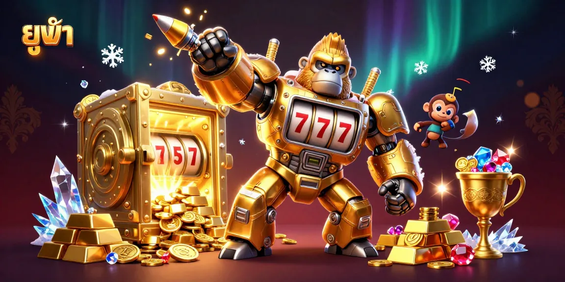 Engage with ยูฟ่า's energetic action featuring a golden gorilla mech slot machine, coins erupting!