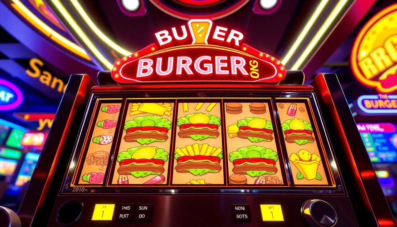Mesin Burgerslot menampilkan gulungan berwarna-warni dengan burger dan kentang goreng lezat dalam suasana kasino yang hidup.