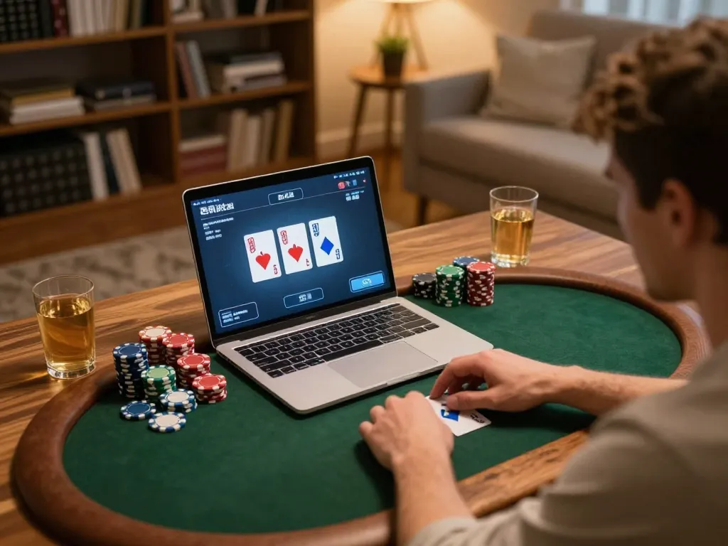 Xocdiaclub player engaging in strategic online poker session at home with laptop and chips