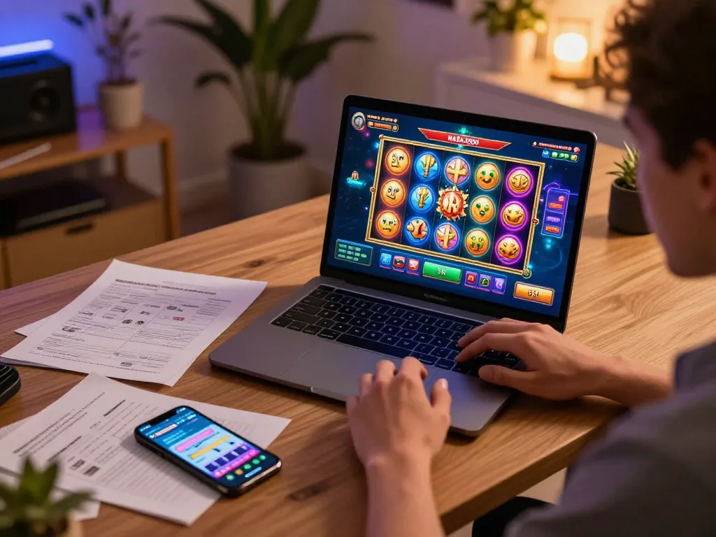 NAGA2000 online gaming experience with colorful slot game display at home office desk.
