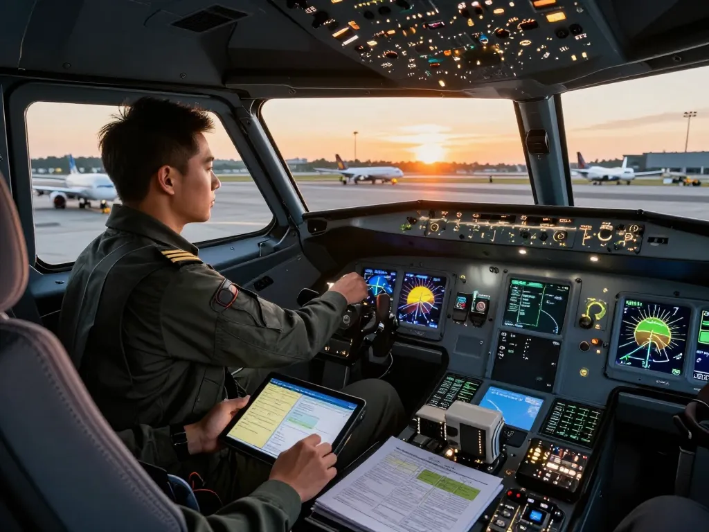 Pilot in Fly88 flight gear preparing in cockpit, sunset view outside.