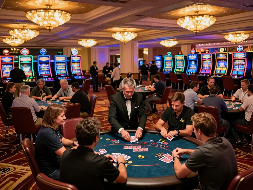 Players strategizing at a poker table in a vibrant casino, showcasing 789 f excitement and gameplay.
