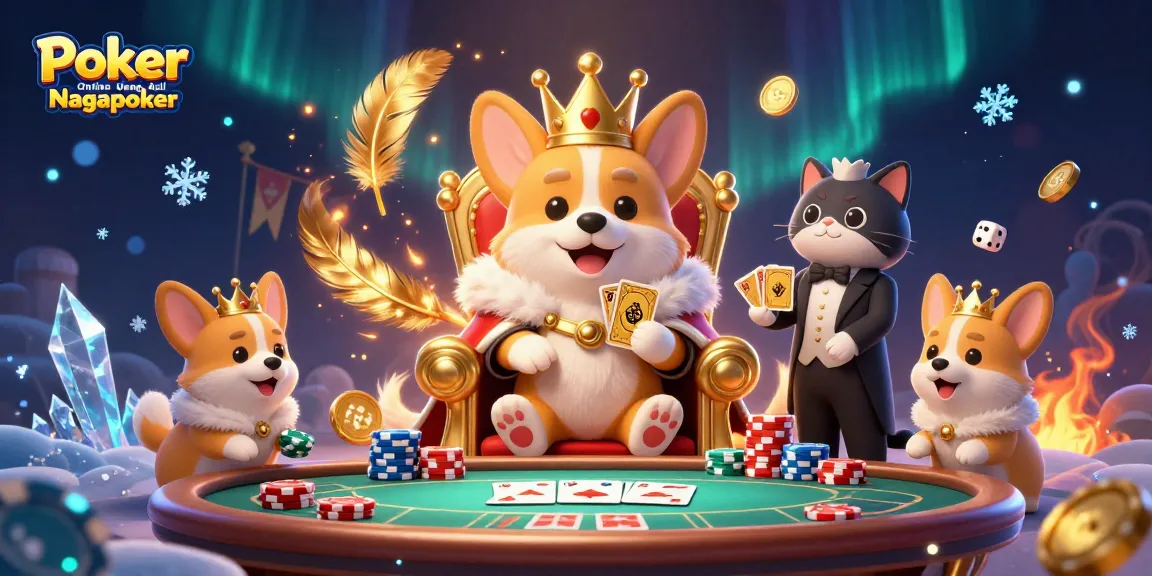 Engage in Poker Online Uang Asli Nagapoker with a dynamic 3D illustration featuring royal corgis and poker elements.