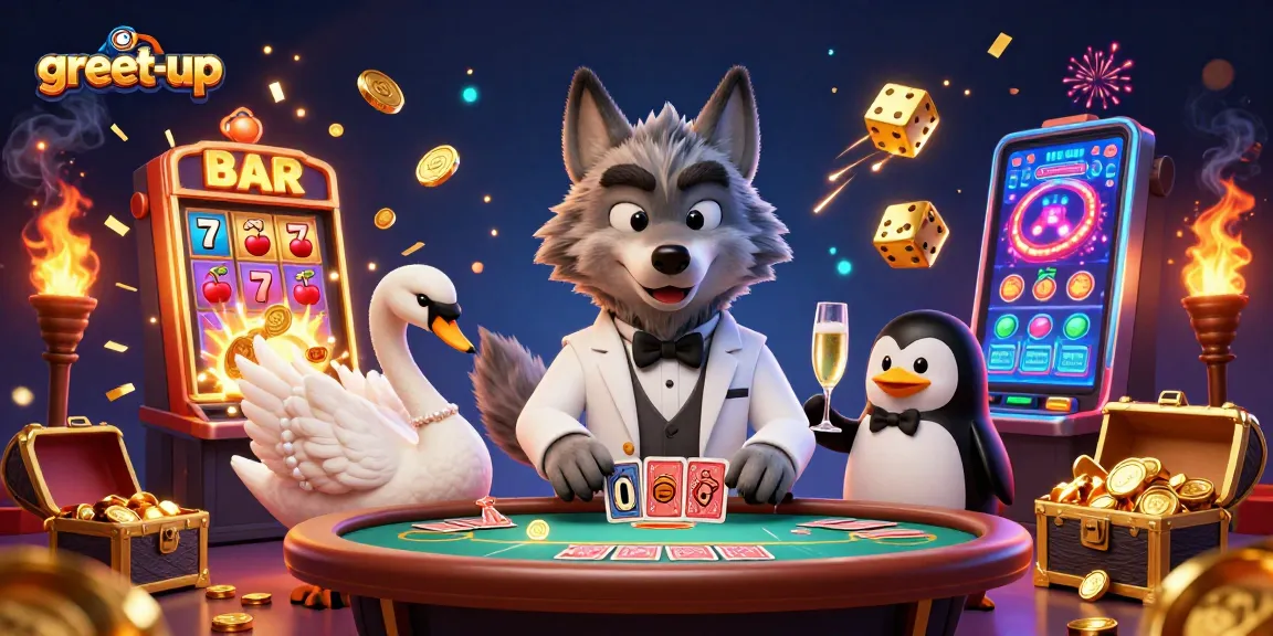 greet-up showcases an exciting casino scene with a debonair wolf, elegant swan, and penguin sommelier