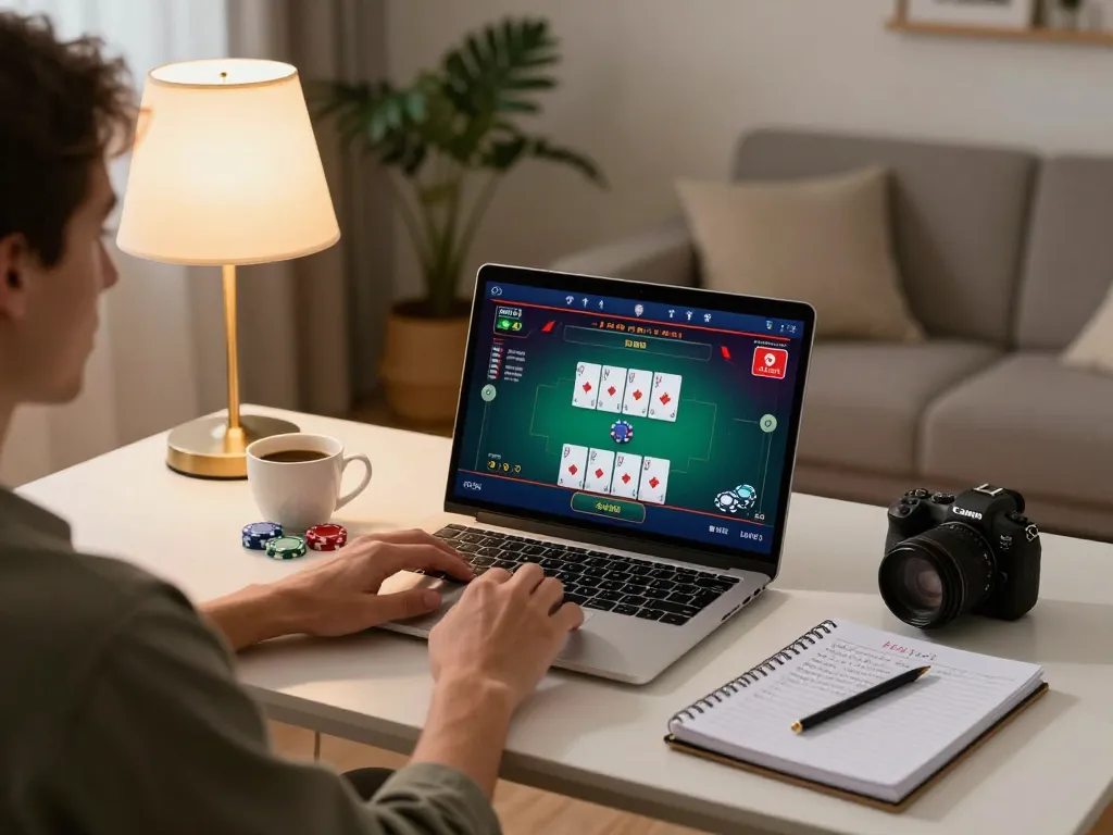 Player enjoying online poker gameplay on CK444 in a cozy home setting with strategy notes.