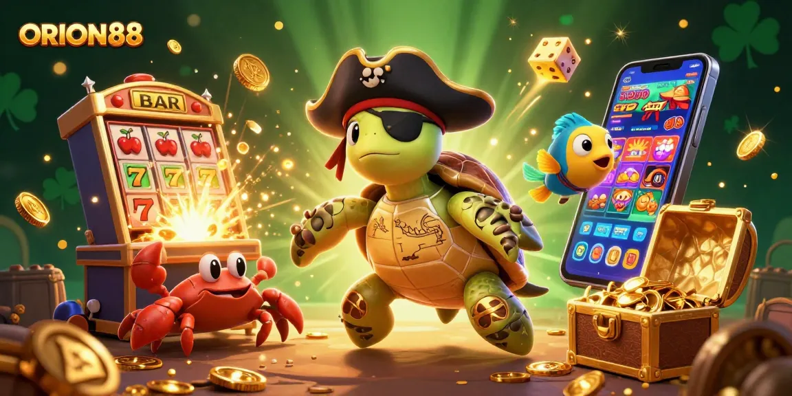 Spin to win with ORION88, featuring a pirate turtle above a treasure trove of slot symbols and coins.