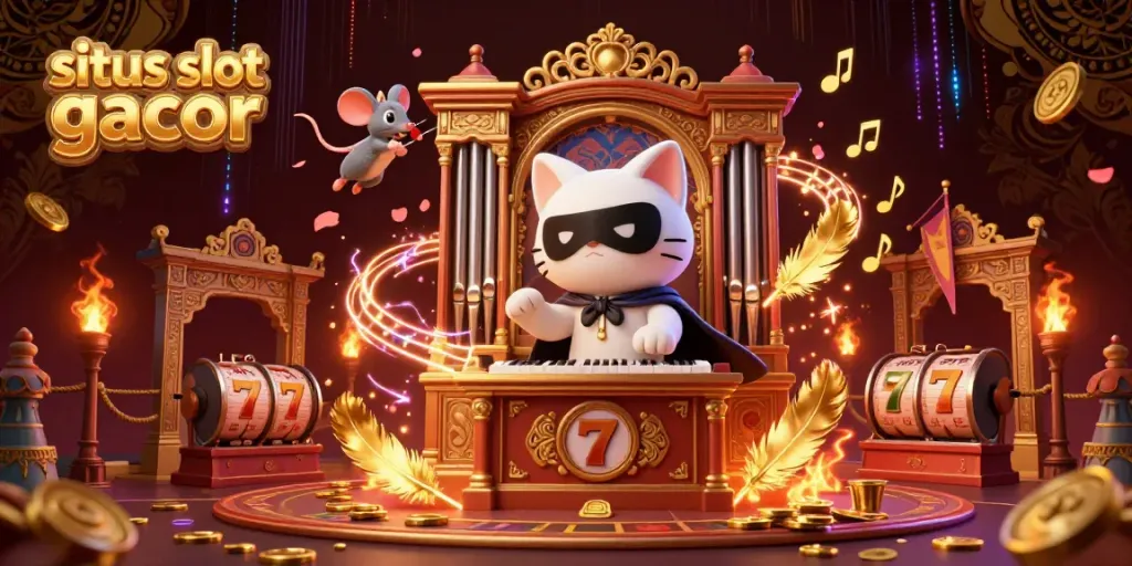 Experience the excitement of situs slot gacor with a lively 3D casino scene featuring a cat playing organ amidst slot reels and vibrant elements.