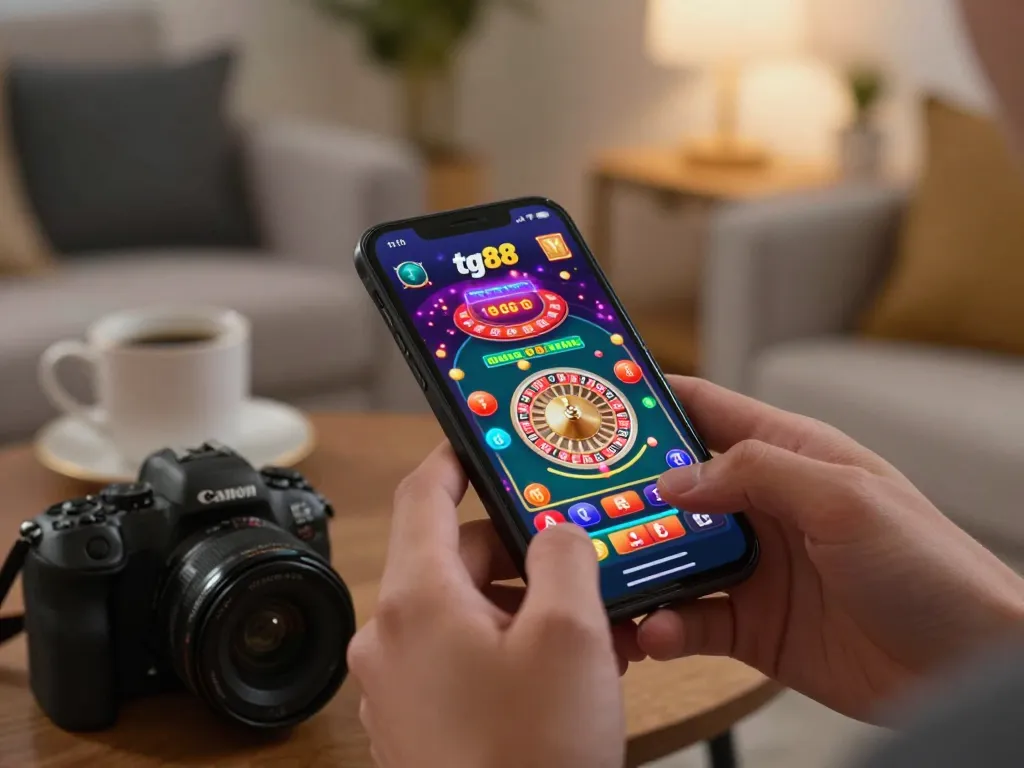 Player enjoying the tg88 casino app on smartphone with roulette game in cozy home setup.