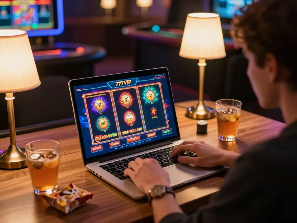 Player enjoying online gaming on 777VIP platform, showcasing engaging interface and cozy setup.