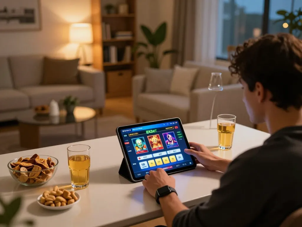 Players engaging with the 8xbet casino platform on a tablet, showcasing vibrant betting options and a cozy atmosphere