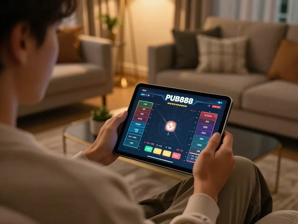 PUB88 online gambling session with strategic notes in a cozy living room