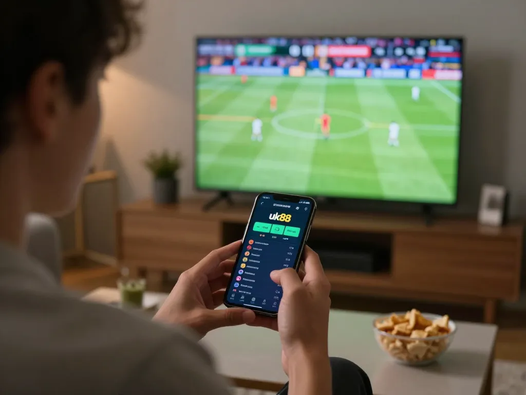 Experience the excitement of sports betting on uk88 with a modern setup showcasing live matches and betting apps.