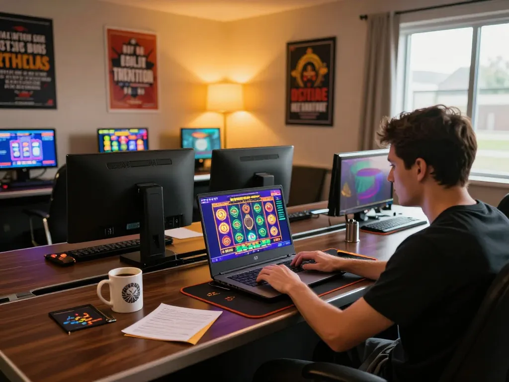 Engaged player enjoying situs slot games on a laptop in a cozy home office setting