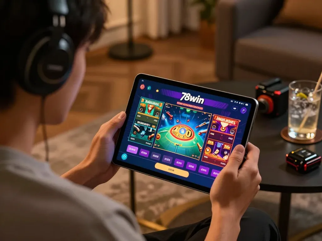 Engaged player exploring gaming options on 78win mobile app, showcasing the excitement of online gambling.