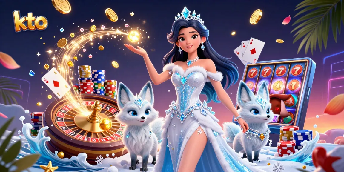 Kto players enjoying a vibrant casino scene with golden coins, playing cards, and a glamorous ice queen.