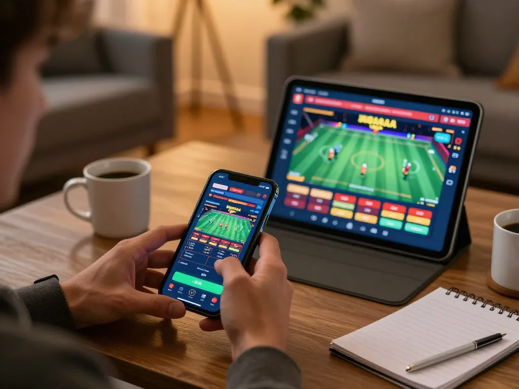 Engaging player using 88AA games app for live betting in a cozy home setting