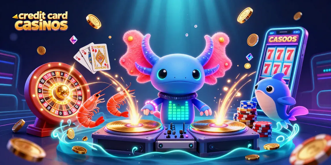 Join the fun at credit card casinos with vibrant axolotl DJ and energetic aquatic crew.