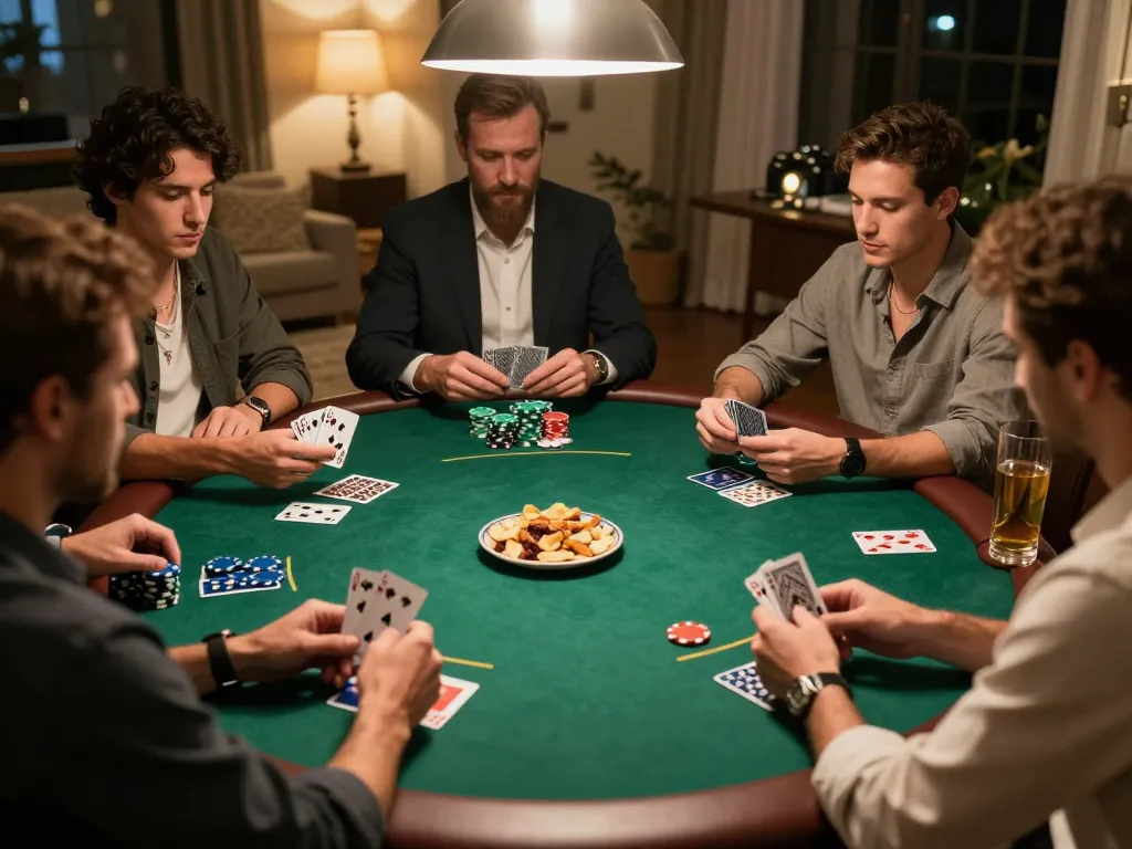 Friends enjoying a lively poker game at home, showcasing the fun and social side of RR88.