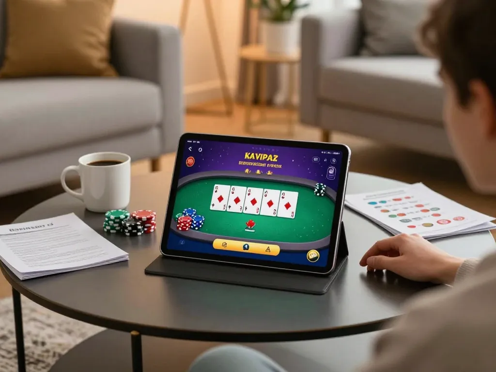 Player enjoying online poker on a tablet at home, showcasing 88aa gaming experience.