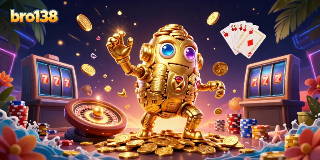 Experience thrilling wins with bro138's vibrant casino scene featuring an ancient golden golem and rich game elements.