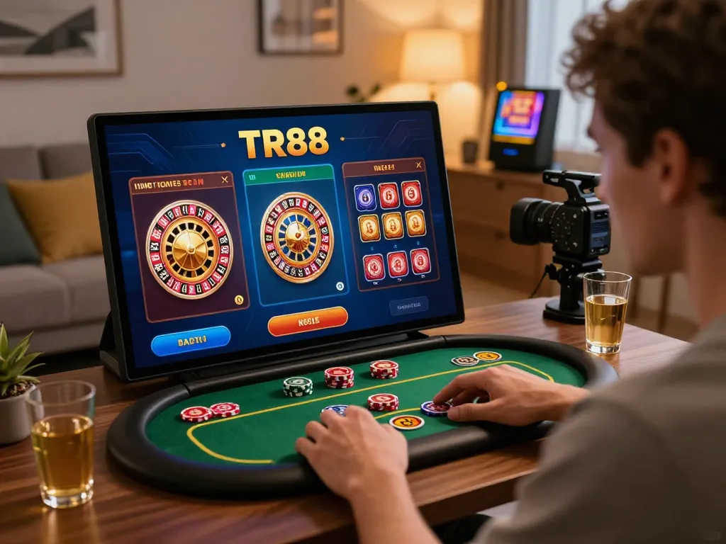 Player engages with TR88 mobile app, showcasing online casino excitement and gameplay elements.